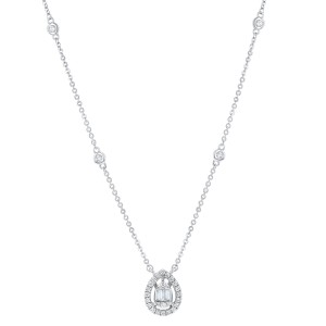 14K White Gold 0.33 carat Baguette and Round Diamonds Tear Drop Necklace