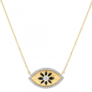 14K Yellow Gold 0.40 carat Black and White Diamonds Evil Eye Necklace