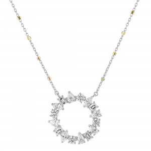 14K White Gold 1.60 carat Emerald, Marquise, Pear and Round Diamonds Circle Necklace