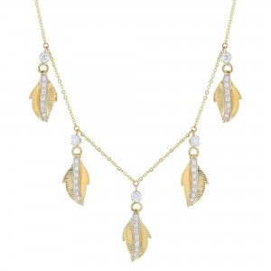 14K Yellow Gold 0.70 carat Diamonds Textured Leafs Necklace