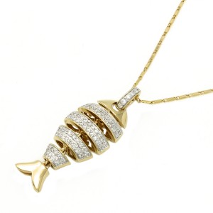 14K Yellow Gold 0.40 carat Diamonds Dangling Skeleton Fish Pendant
