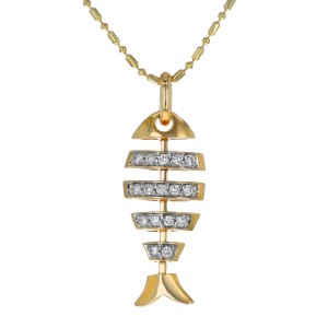 14K Yellow Gold 0.15 carat Diamonds Dangling Skeleton Fish Pendant
