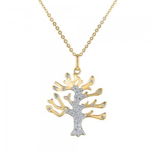 14K Yellow Gold 0.25 carat Diamonds TREE OF LIFE Necklace