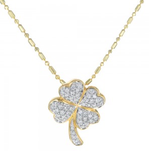 14K Yellow Gold 0.25 carat Diamonds Four Leaf Clover Necklace