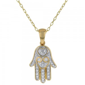 14K Yellow Gold 0.25 carat Diamonds HAMSA HAND Necklace
