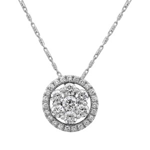 14K White Gold 1.0 carat Diamonds Halo Flower Round Pendant