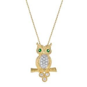 14K Yellow Gold 0.25 carat Diamonds Owl Pendant