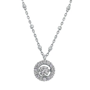14K White Gold 0.40 carat Dancing Diamond Round Shape Halo Necklace