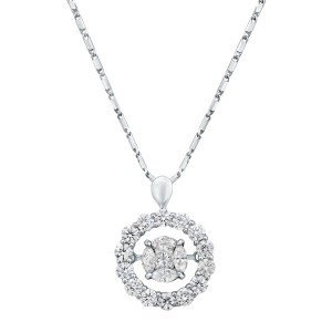 14K White Gold 1.0 carat Fusion Dancing Diamonds Round Halo Necklace
