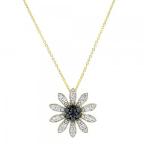 14K Yellow Gold 1.35 carats Black and White Round Diamonds Flower Pendant
