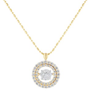 14K Yellow Gold 1.0 carat Fusion Dancing Diamonds Round Double Halo Necklace