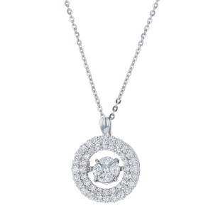 14K White Gold 1.0 carat Fusion Dancing Diamonds Round Double Halo Necklace