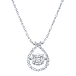 14K White Gold 0.50 carat Fusion Dancing Diamonds Pear Shape Halo Necklace