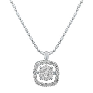 14K White Gold 0.50 carat Fusion Dancing Diamonds Cushion Shape Halo Necklace