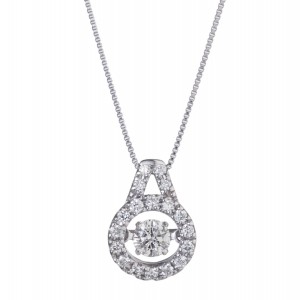 14K White Gold 0.40 carat Dancing Diamond Round Shape Halo Necklace