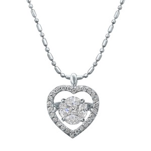 14K White Gold 0.45 carat Fusion Dancing Diamonds Heart Shape Halo Necklace