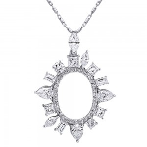 14K White Gold 1.5 carats Fancy Cut Diamonds Oval Shape Frame Necklace