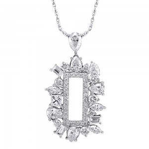 14K White Gold 2.0 carats Fancy Cut Diamonds Rectangle Shape Frame Necklace