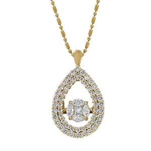 14K Yellow Gold 1.0 carat Fusion Dancing Diamonds Pear Shape Double Halo Necklace