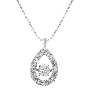 14K White Gold 1.0 carat Fusion Dancing Diamonds Pear Shape Double Halo Necklace