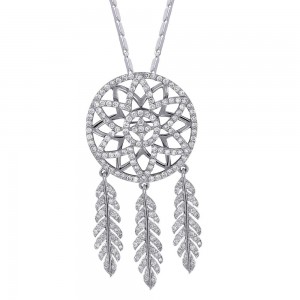 14K White Gold 1.0 carat Dangling feathers DREAMCATCHER Necklace