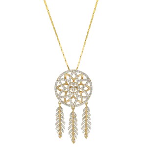 14K Yellow Gold 1.0 carat Dangling feathers DREAMCATCHER Necklace