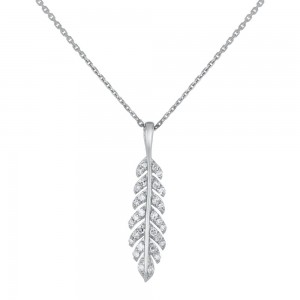 14K White Gold 0.12 carat Diamonds Dainty Feather Necklace