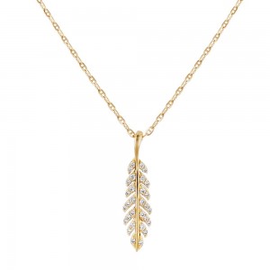 14K Yellow Gold 0.12 carat Diamonds Dainty Feather Necklace