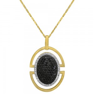 14K Yellow Gold 1.5 carats Black and White Diamonds Geometric Oval Necklace