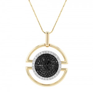 14K Yellow Gold 0.8 carat Black and White Diamonds Geometric Circle Necklace