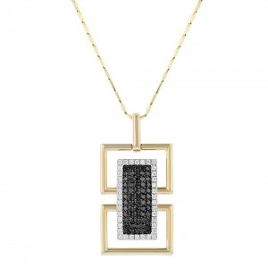 14K Yellow Gold 1.0 carat Black and White Diamonds Geometric Rectangle Necklace