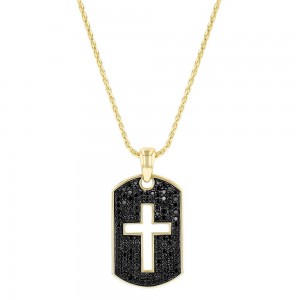 14K Yellow Gold 1.10 carats Black Diamonds Dog Tag Cross Pendant