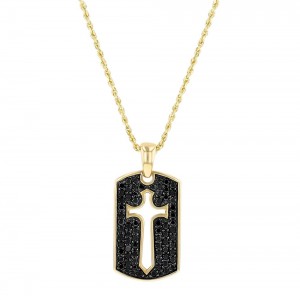 14K Yellow Gold 1.0 carat Black Diamonds Dog Tag Sword Cross Pendant