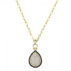 14K Yellow Gold 1.50 carats Black and White Round Diamonds Pear Shape Pendant
