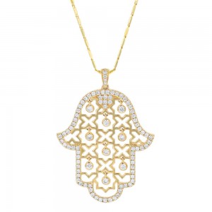 14K Yellow Gold 0.85 carat Dangling Diamonds HAMSA HAND Necklace