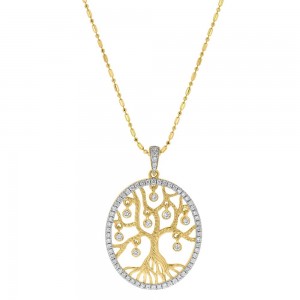 14K Yellow Gold 0.50 carat Dangling Diamonds Oval TREE OF LIFE Necklace