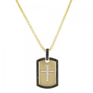 14K Yellow Gold 0.40 carat Black and White Diamonds Dog Tag Cross Pendant