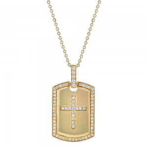 14K Yellow Gold 0.39 carat Diamonds Dog Tag Cross Pendant