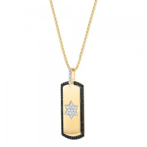 14K Yellow Gold 1.0 carat Black and White Diamonds Star of David Dog Tag Pendant