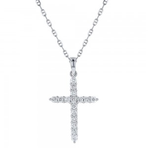 14K White Gold 0.23 carat Diamonds Dainty Cross Pendant