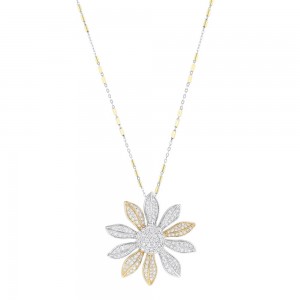 14K Two-Tone Gold 1.25 carats Brilliant White Round Diamonds Flower Pendant
