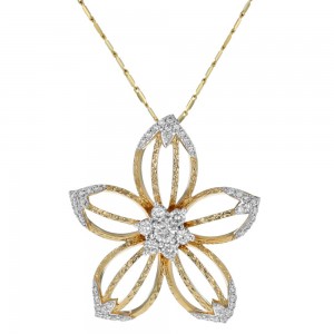 14K Yellow Gold 1.00 carat Brilliant White Round Diamonds Textured Flower Pendant