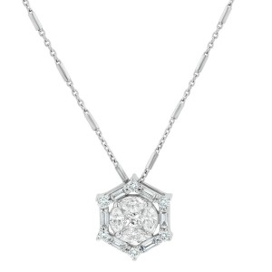 14K White Gold 0.55 carat Marquise, Princess, Baguette and Round Cut Diamonds Hexagon Shape Fusion Necklace