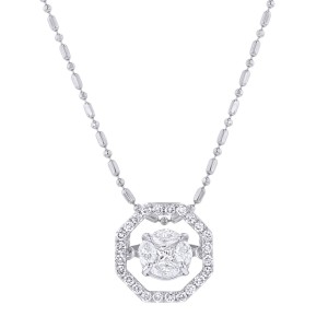 14K White Gold 0.50 carat Fusion Dancing Diamonds Octagon Halo Necklace