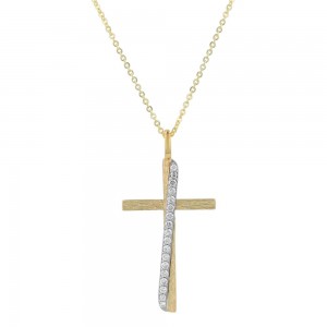 14K Two Tone Gold 0.25 carat Diamonds Textured Cross Pendant