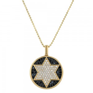 14K Yellow Gold 0.75 carat Black and White Diamonds Star of David Round Disk Pendant