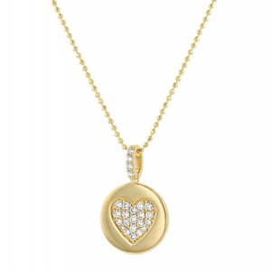 14K Yellow Gold 0.20 carat Pave Diamonds Disc Heart Pendant