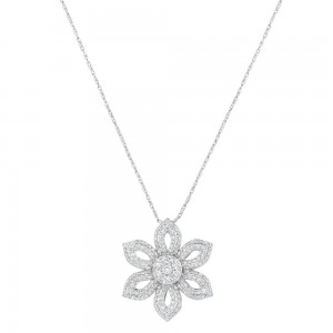14K White Gold 1.10 carats Brilliant Round Diamonds Flower Pendant