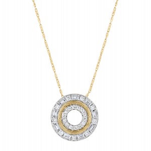 14K Yellow Gold 0.75 carat Baguette and Round Cut Diamonds Double Circle Necklace