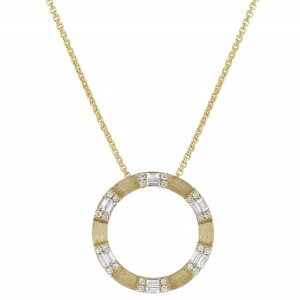 14K Yellow Gold 1.00 carat Baguette and Round Cut Diamonds Large Circle Shape Necklace